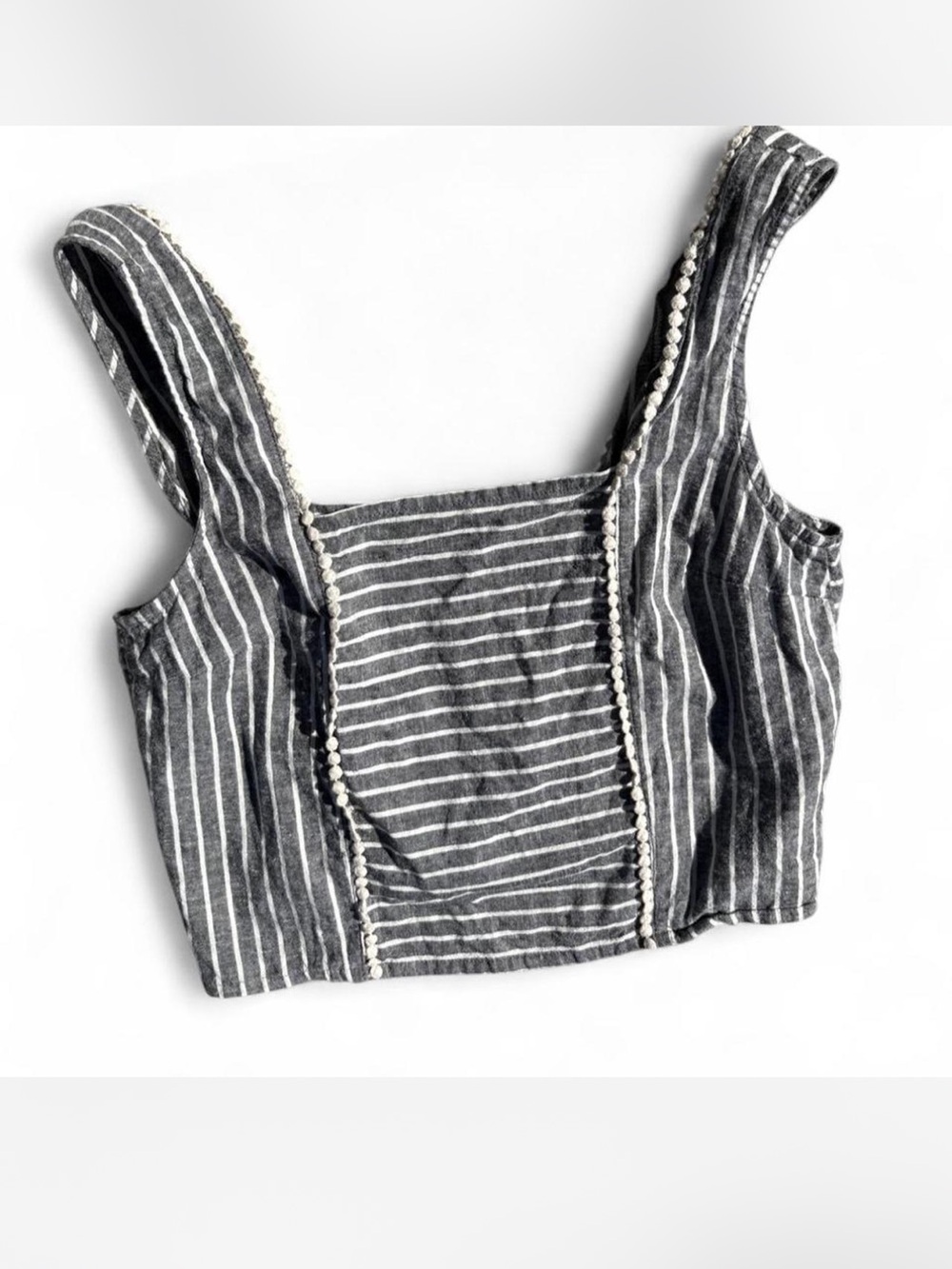 Gray white striped nautical coastal hemp blouse with embroidered trim M